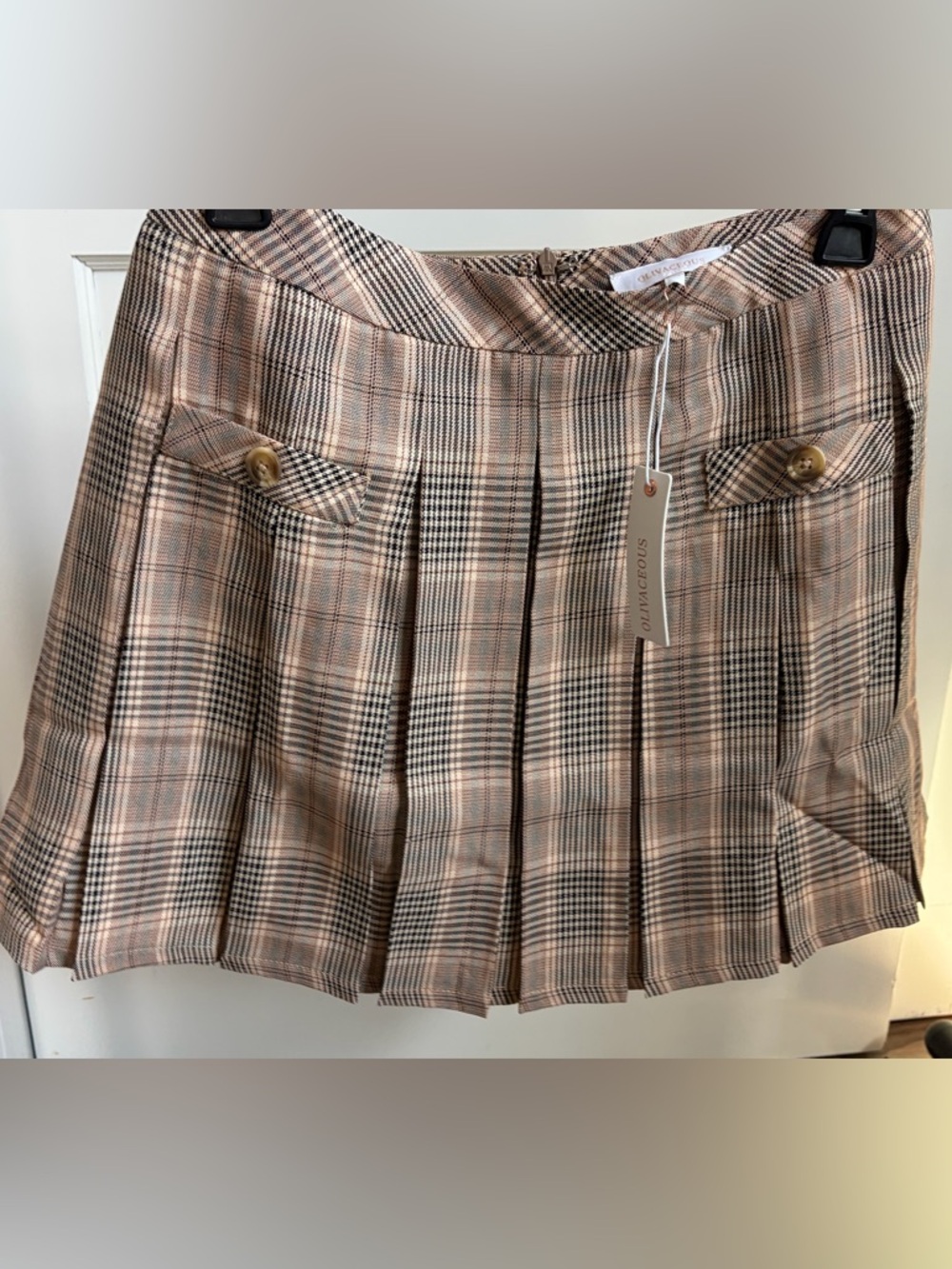 Olivaceous Pleated Mini Skirt - Brown Plaid - Size Medium